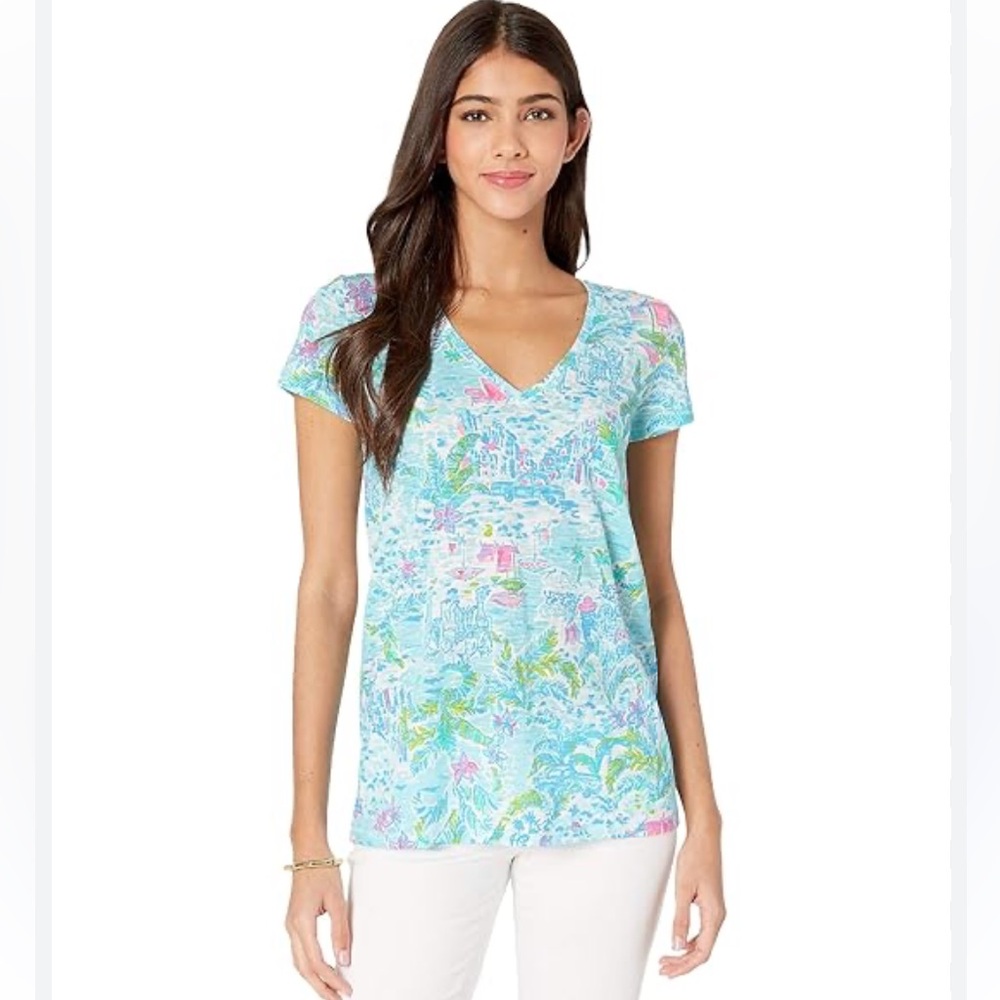 Lilly Pulitzer Women's Blue Floral V-Neck Top xlg